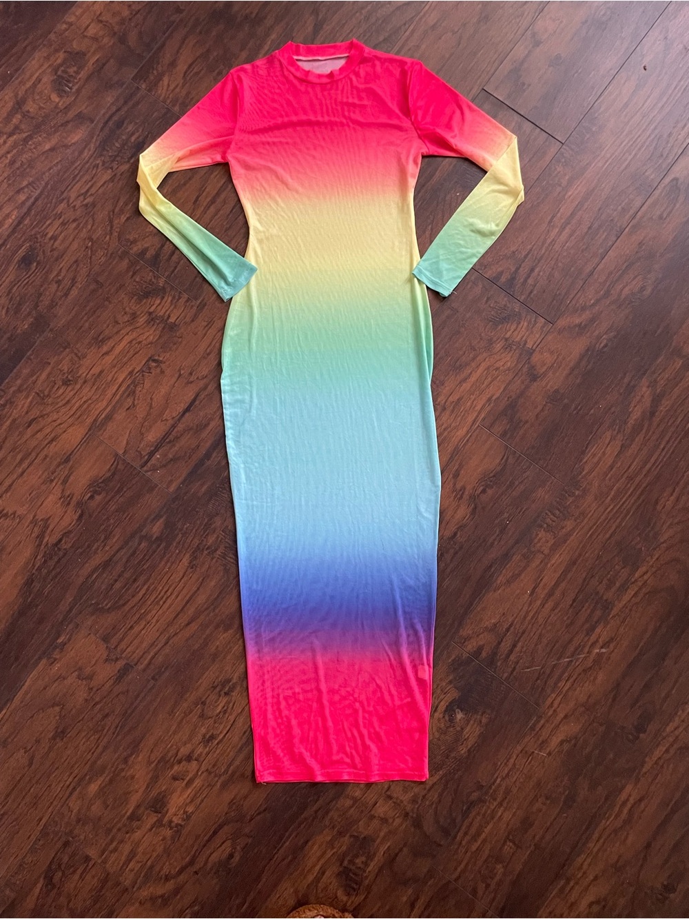 Long Sleeve Mesh Ombre Rainbow Bodycon Dress - Pink to Blue